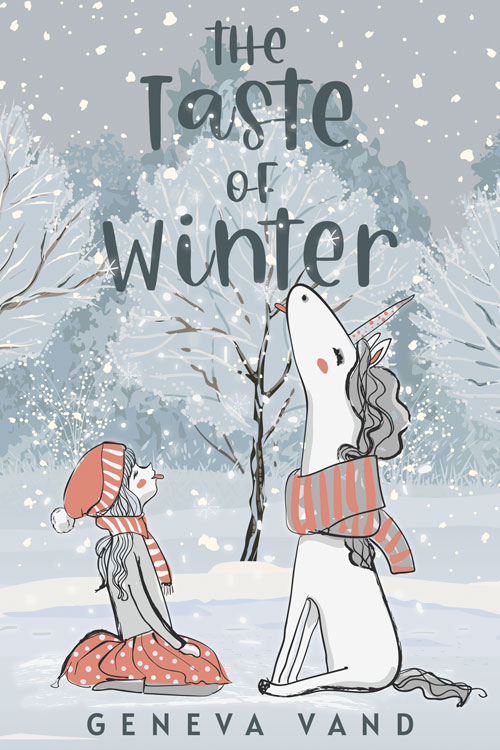 image shows a book cover with the title The Taste of Winter by Geneva Vand. A young woman and a unicorn are sitting in the snow with their tongue out trying to catch snowflakes.