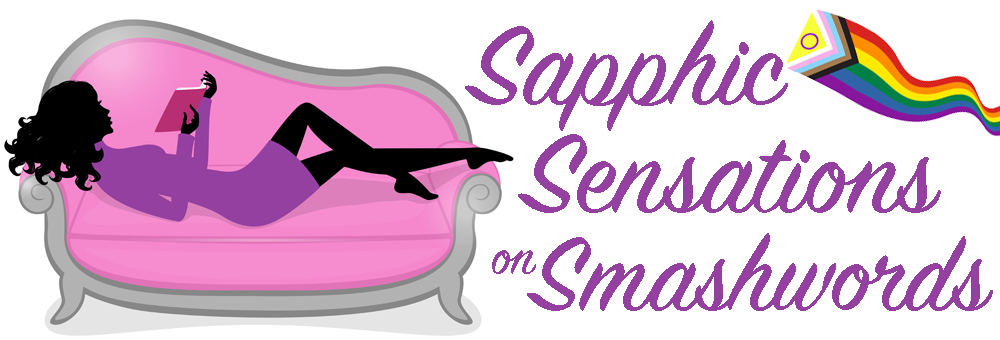 banner for smashwords end of year sale. A lady lies on a lounger reading. Text reads sapphic sensations of smashwords next to an inclusive pride flag.